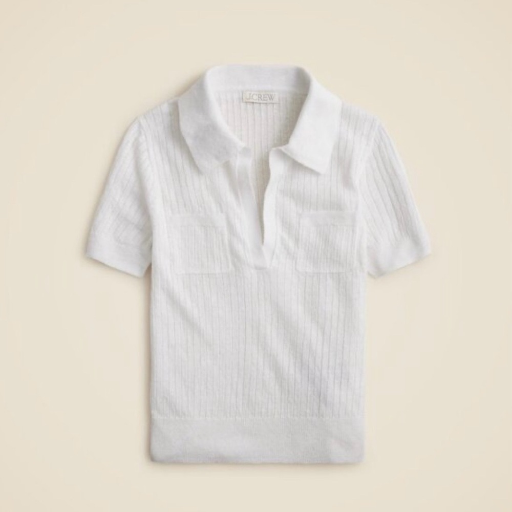 J Crew White Linen Johnny Collar Short Sleeve Wide Rib Sweater Womens Size XS